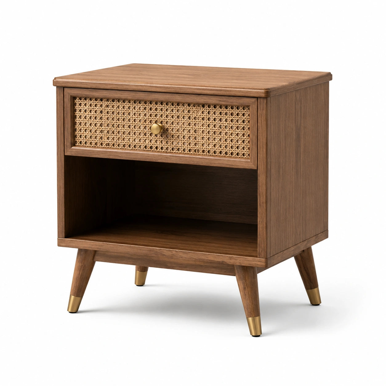 Table de chevet en bois et rotin avec tiroir