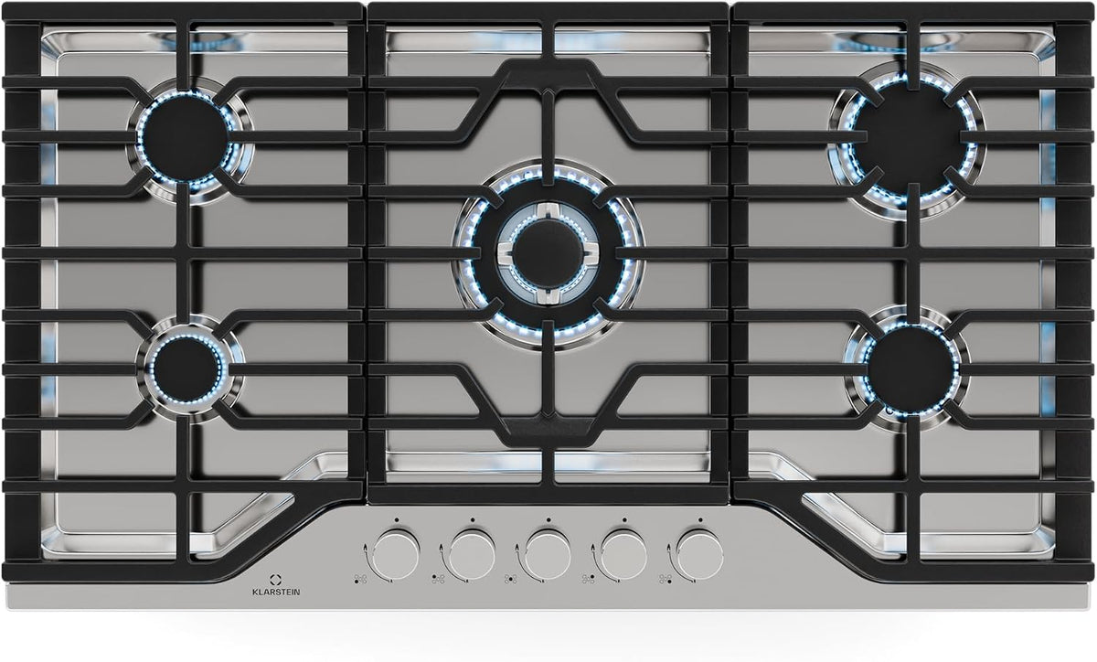 Plaque de cuisson KLARSTEIN, Inox 304, 3.4kW, 5 Br?leurs, 3, 4 kW, 2, 4 kW, 1, 8 kW, 1, 0 kW, 3.4kW Wok, acier inoxydable, Kit Conversion GPL