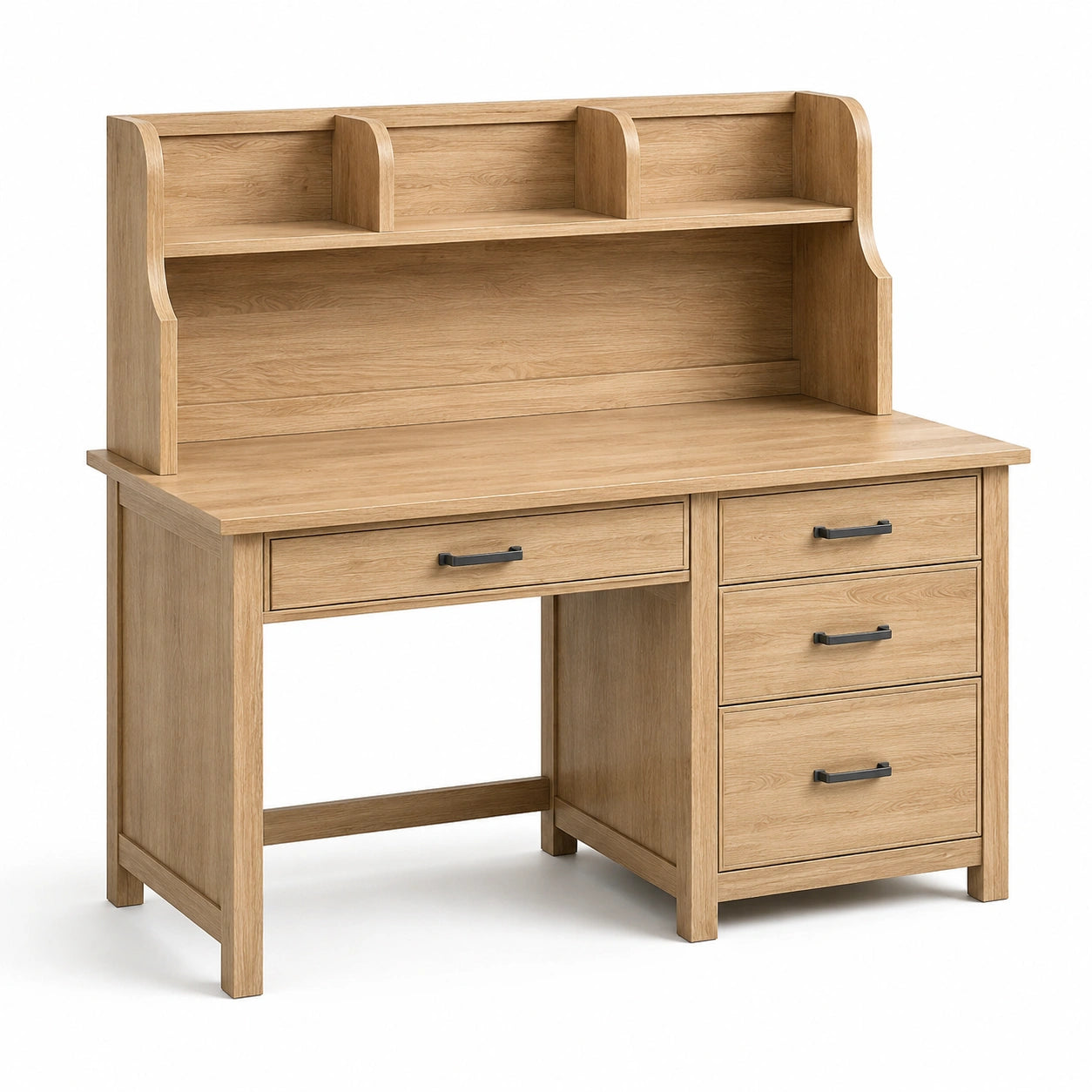 Bureau en bois de chêne clair avec étagères et tiroirs