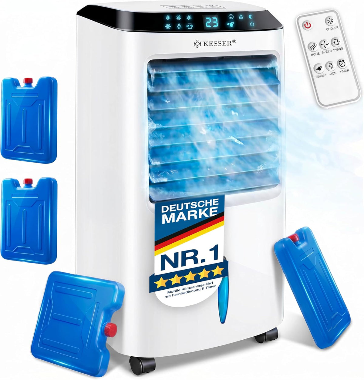 KESSER Climatiseur, 3 niveaux avec blocs r¨¦frig¨¦rants, 10 l, r¨¦servoir d'eau de 10 l, t¨¦l¨¦commande, ¨¦clairage LED, r¨¦glable, minuterie, portable