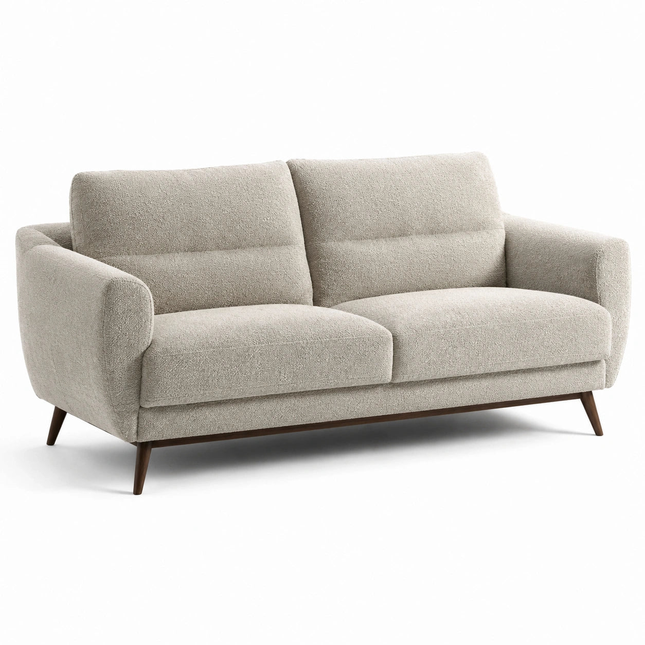 Canapé deux places en tissu bouclette beige avec pieds en bois