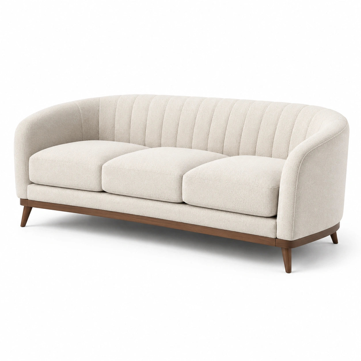 Canapé trois places en bois et tissu polyester beige