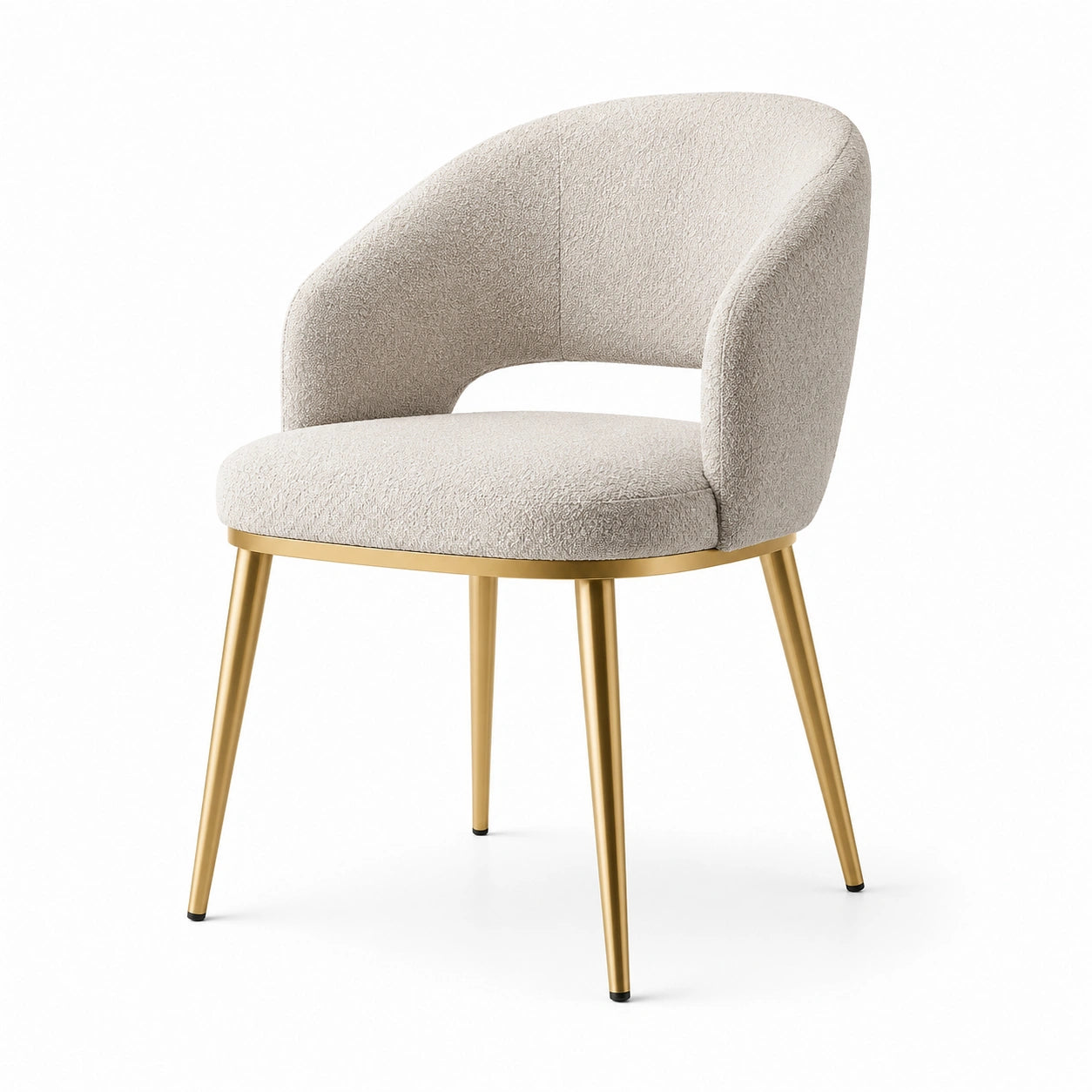 Chaise en tissu bouclé beige avec pieds en métal doré