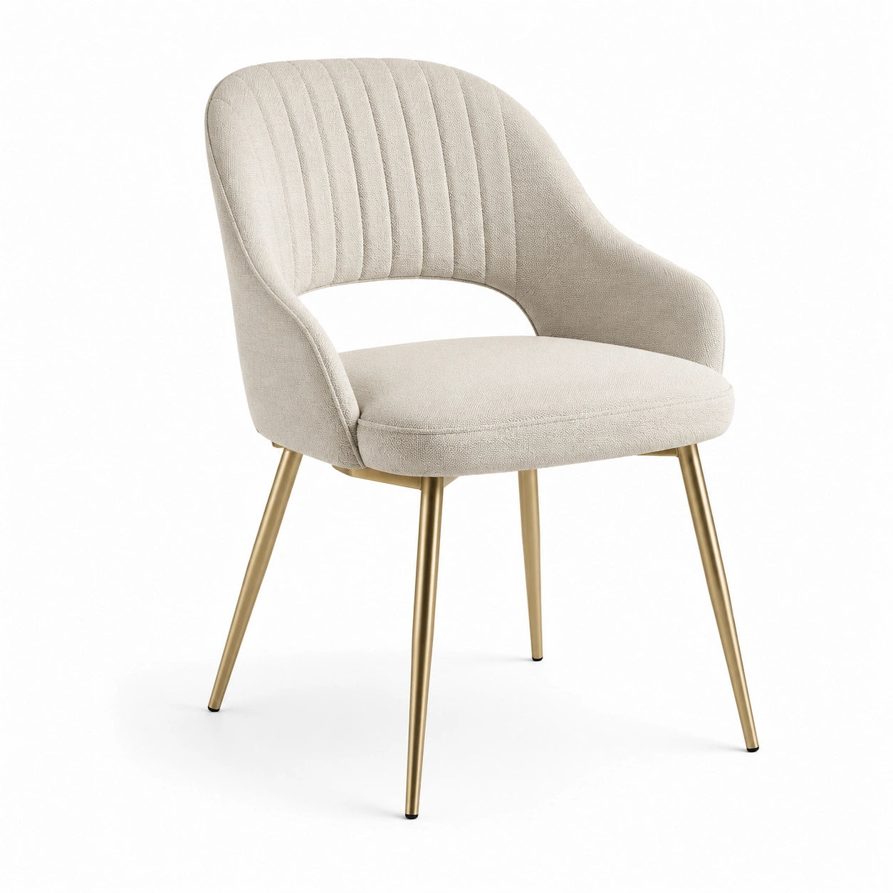 Chaise en tissu beige avec pieds en métal doré