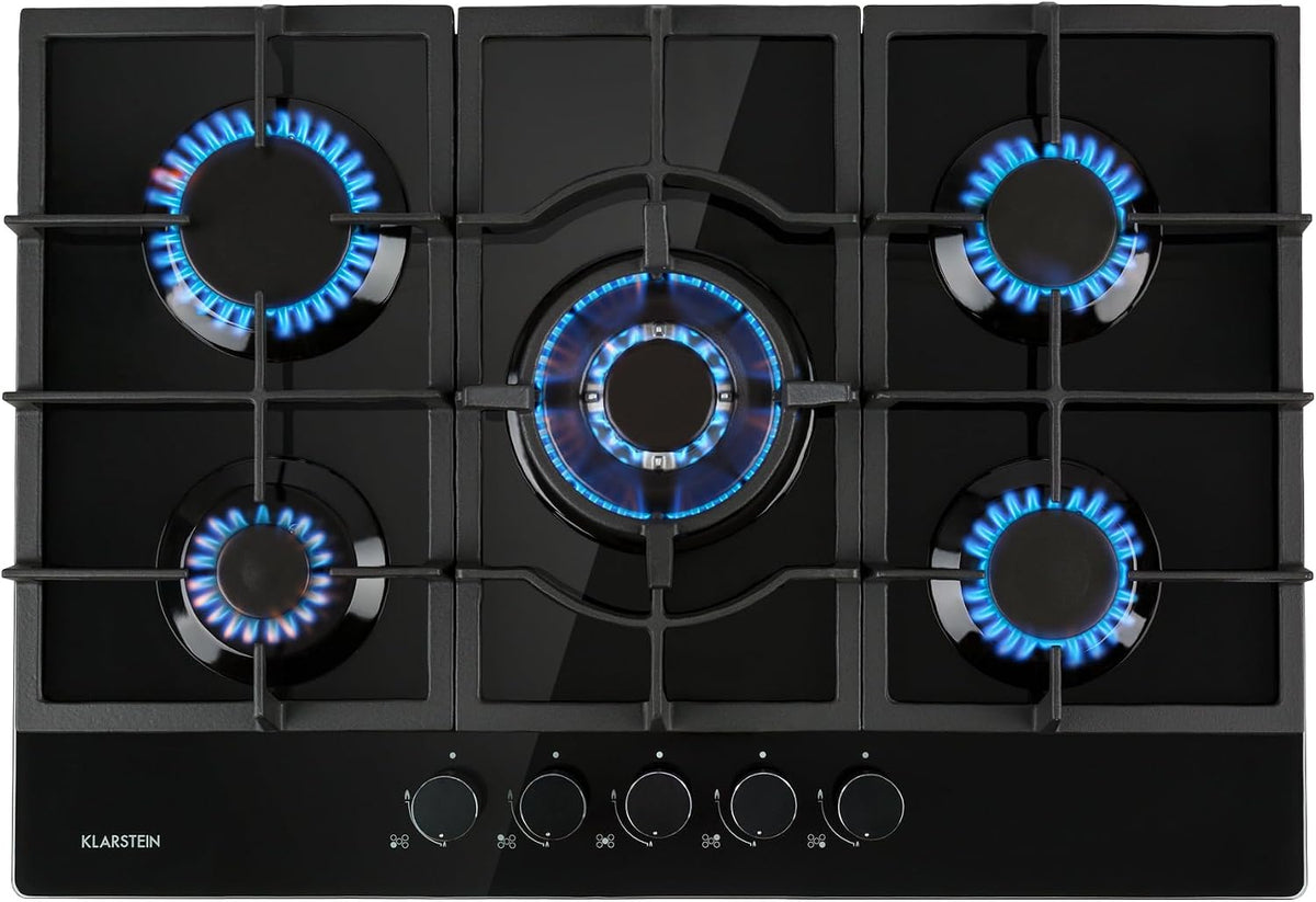 Plaque de cuisson KLARSTEIN, acier inoxydable, 5 br?leurs, Noir, table de cuisson gaz, propane, soupapes s¨¦curit¨¦, arr¨ºt automatique