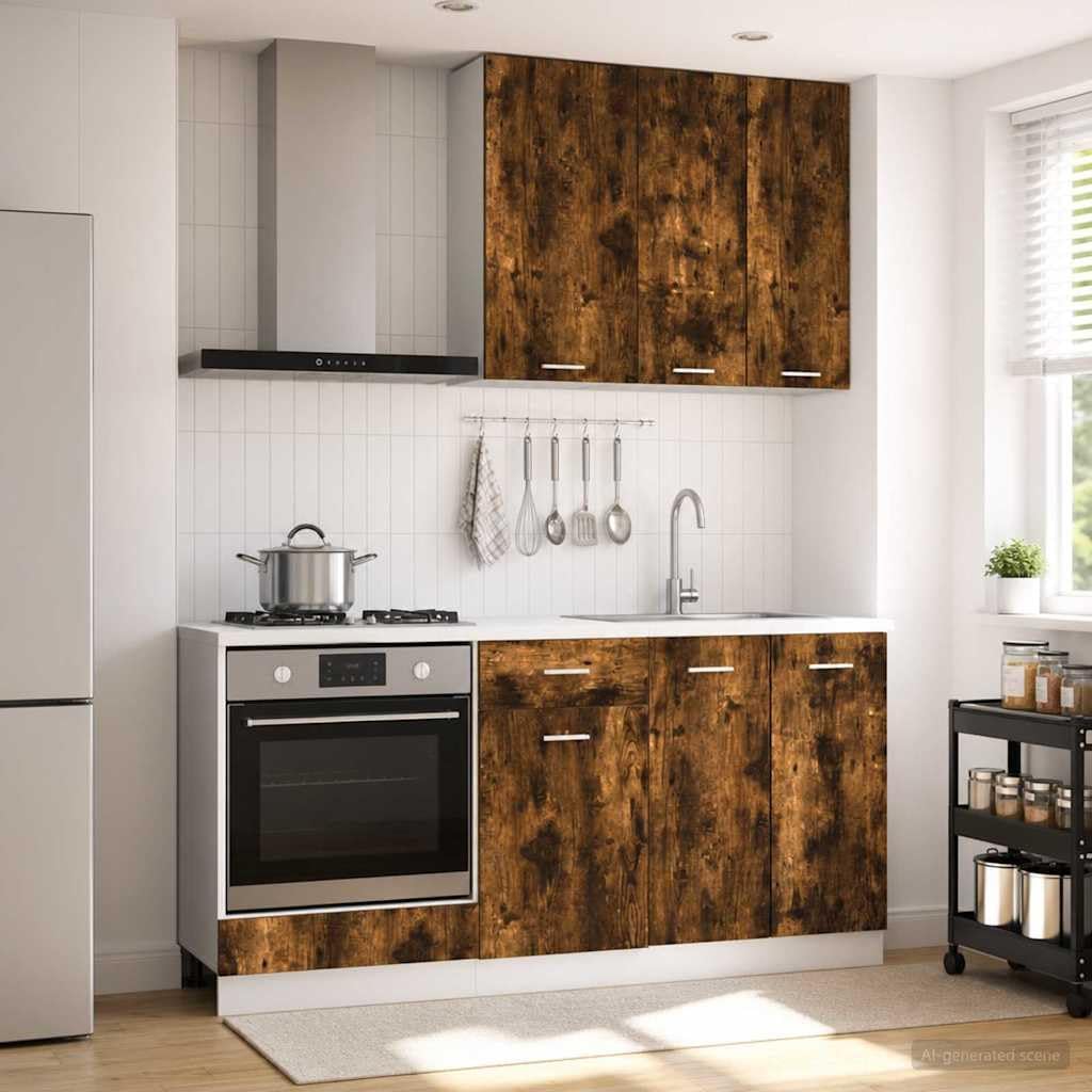 Buffet, r¨¦glable, Ensemble Cuisine Lyon 5 pi¨¨ces ch¨ºne fum¨¦, Bois d'ing¨¦nierie, Ordellia, Meubles Bas avec Pieds r¨¦glables, armoires murales