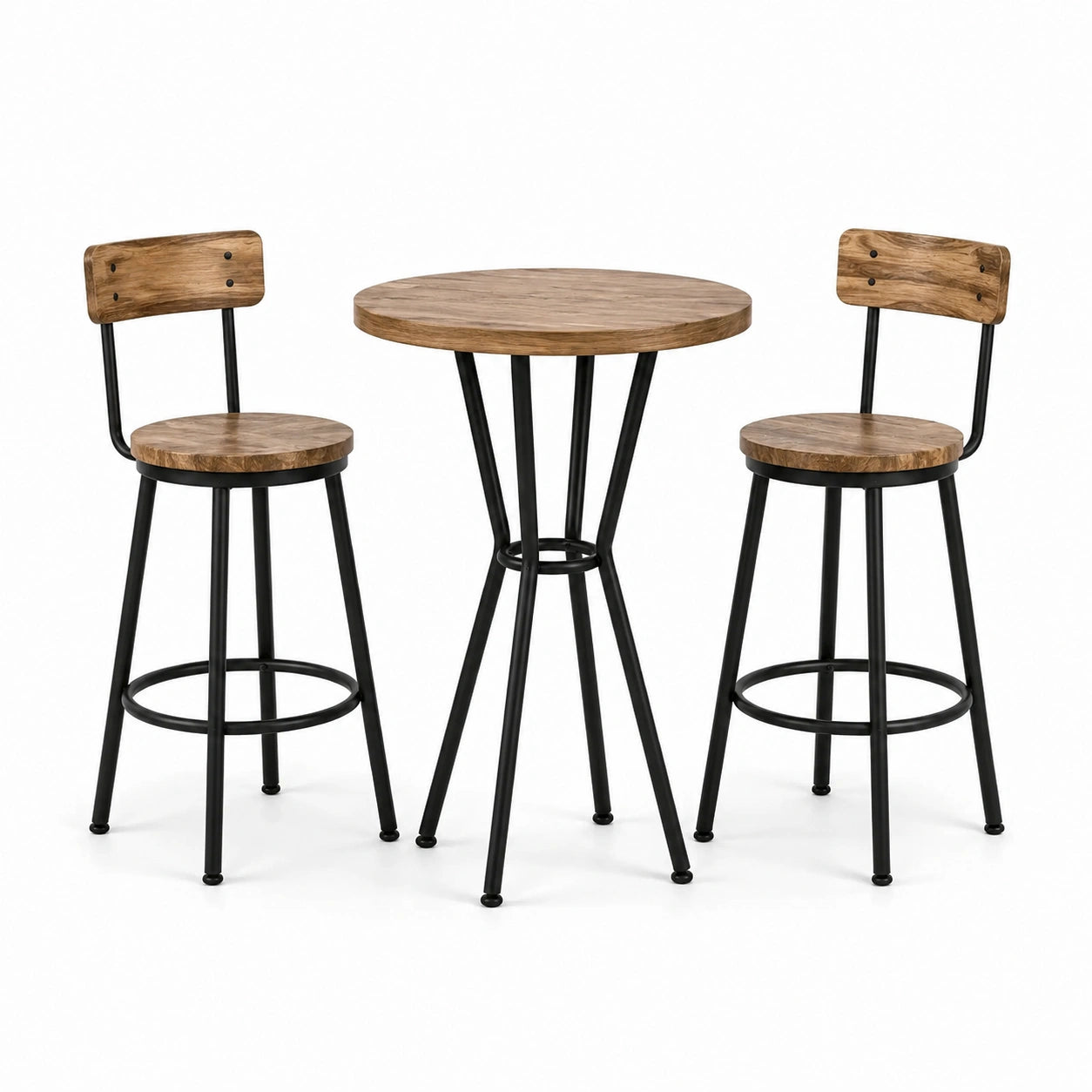 Ensemble table haute en bois avec 2 tabourets en métal noir