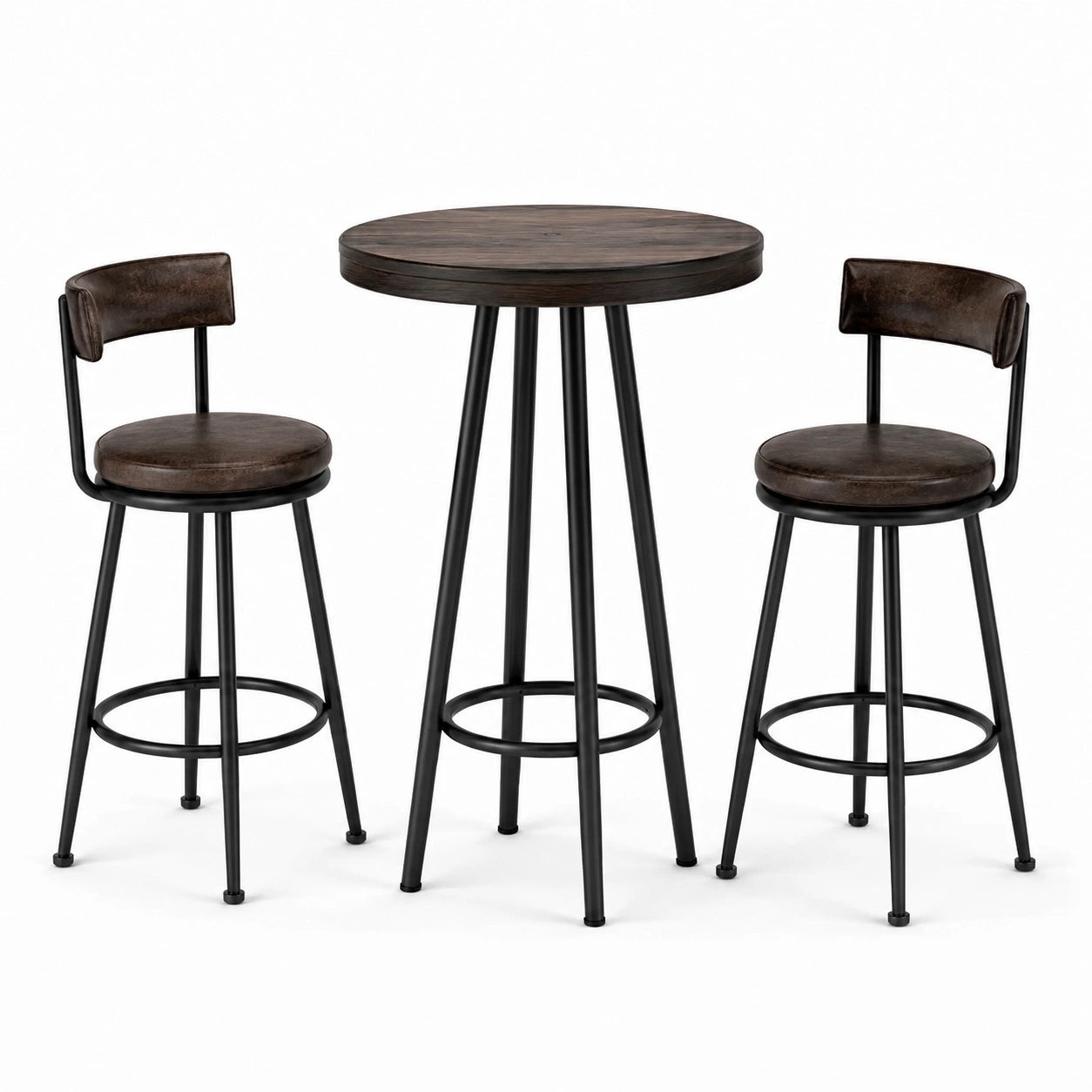 Ensemble table haute ronde bois métal marron noir avec 2 tabourets