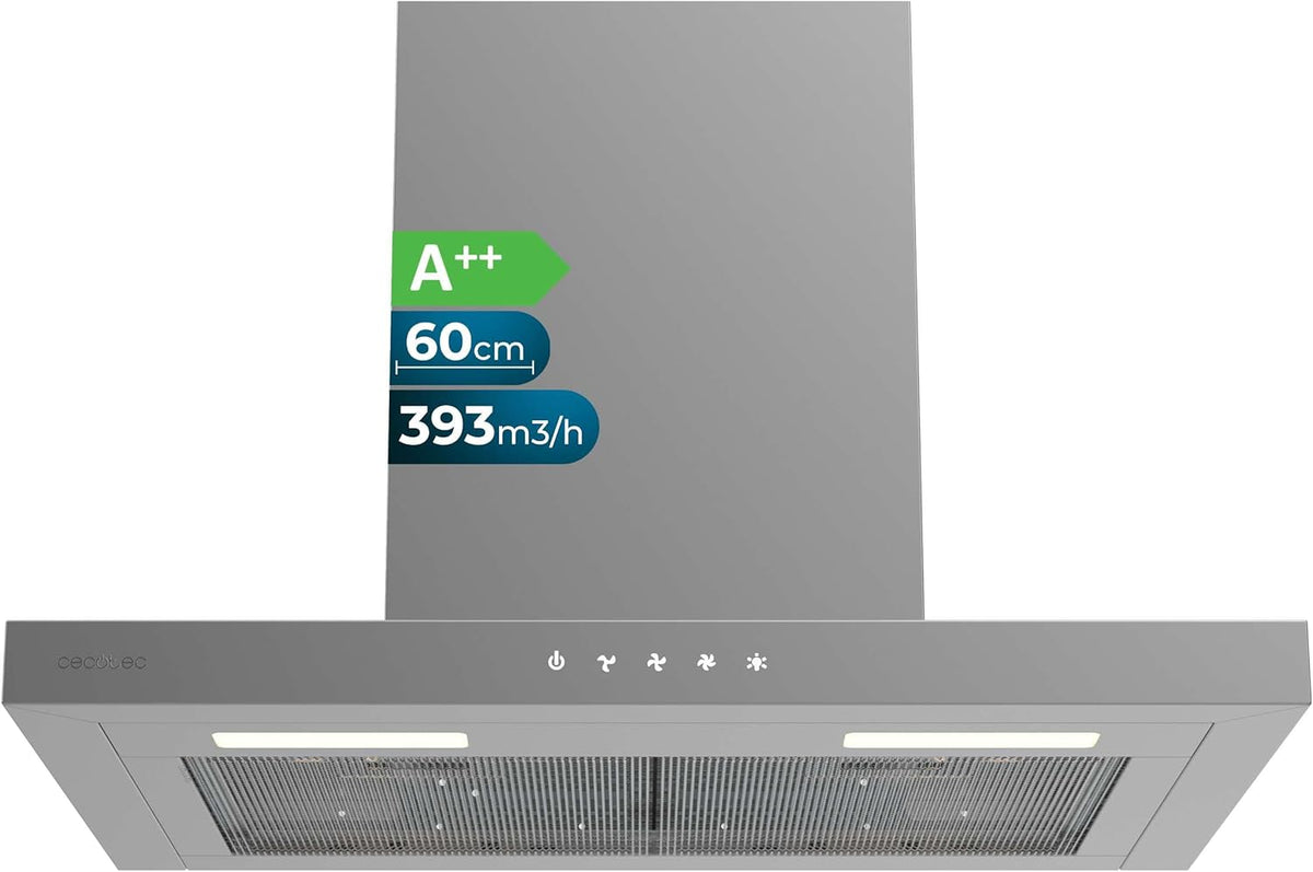 Hotte aspirante Cecotec 393m3, acier inoxydable, ¨¦clairage LED, 3 Vitesses, 60 cm, 60cm, 393m3/h, 393 m3/h, Lumi¨¨re LED, Moteur DC