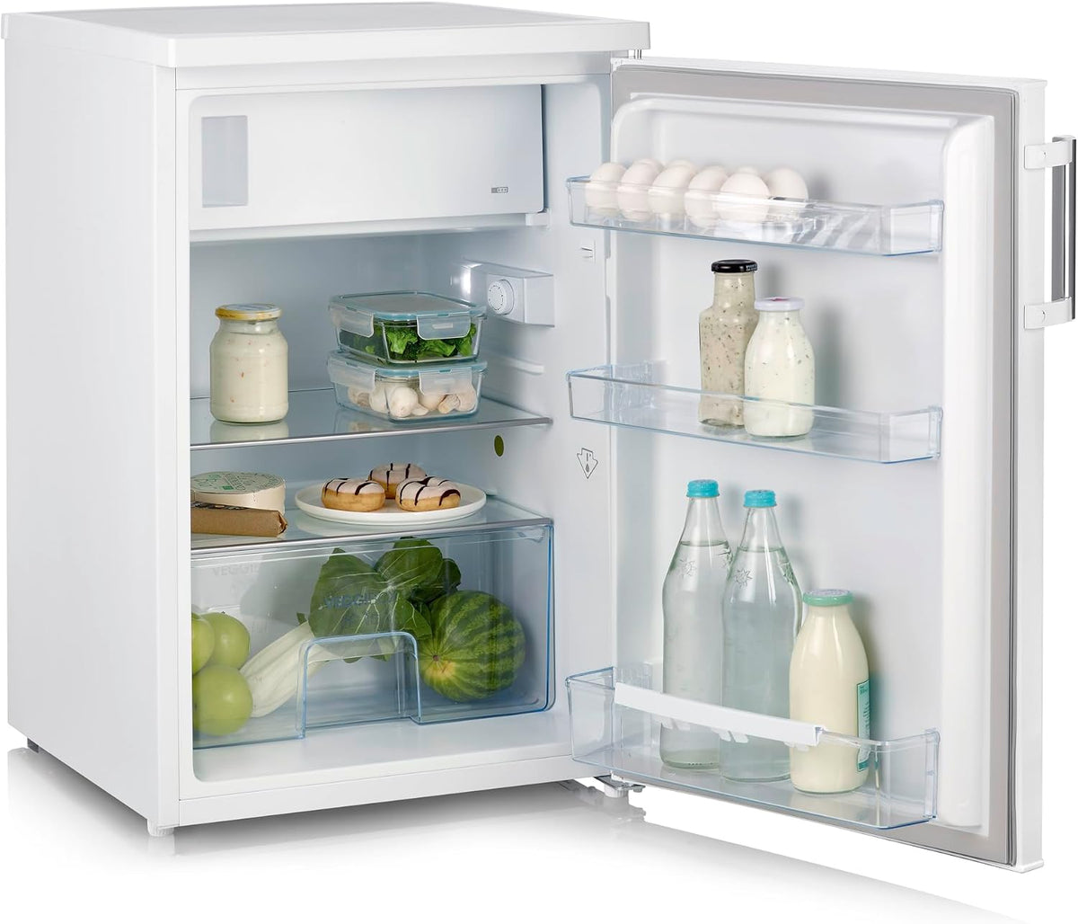 Severin Mini r¨¦frig¨¦rateur, 56 cm, ¨¦clairage LED, acier inoxydable, 37 dB, 120 L, R¨¦frig¨¦rateur compact de largeur 56 cm, 107L, 13L, 1, 5L, Blanc