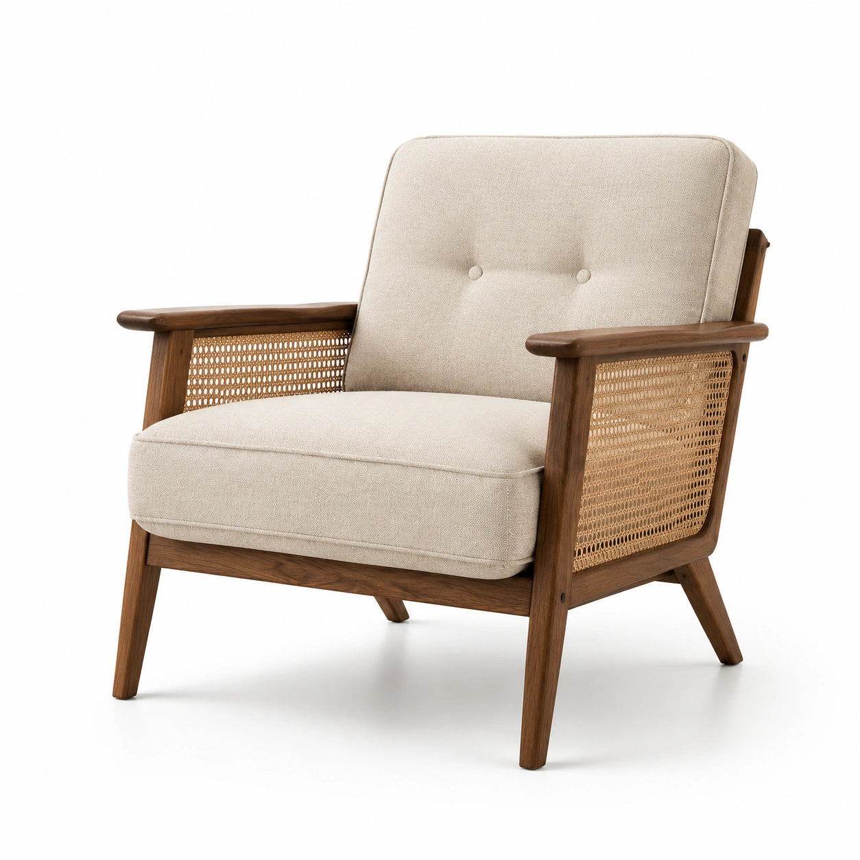 Fauteuil en bois de noyer avec rotin et tissu crème