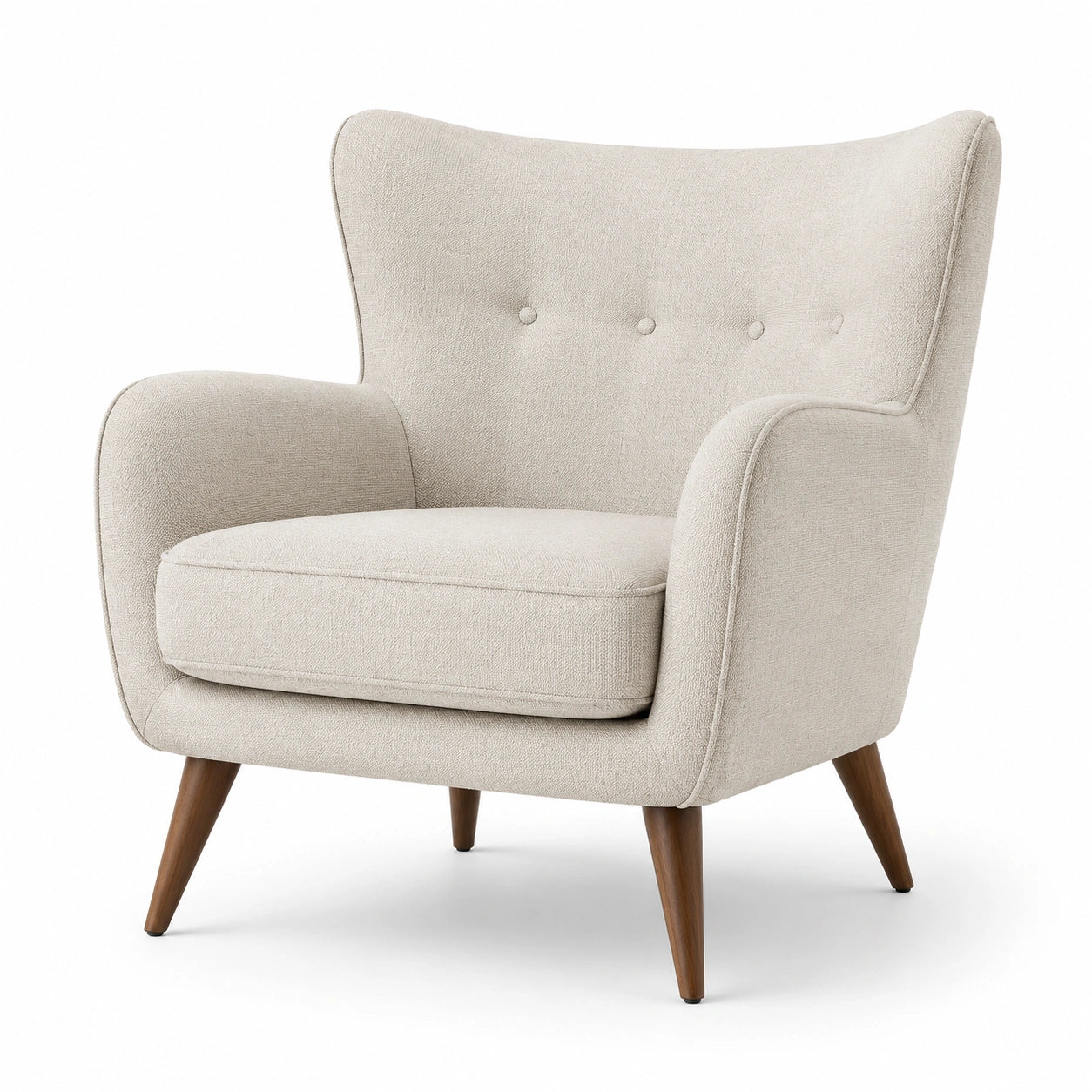 Fauteuil en tissu polyester beige avec pieds en bois