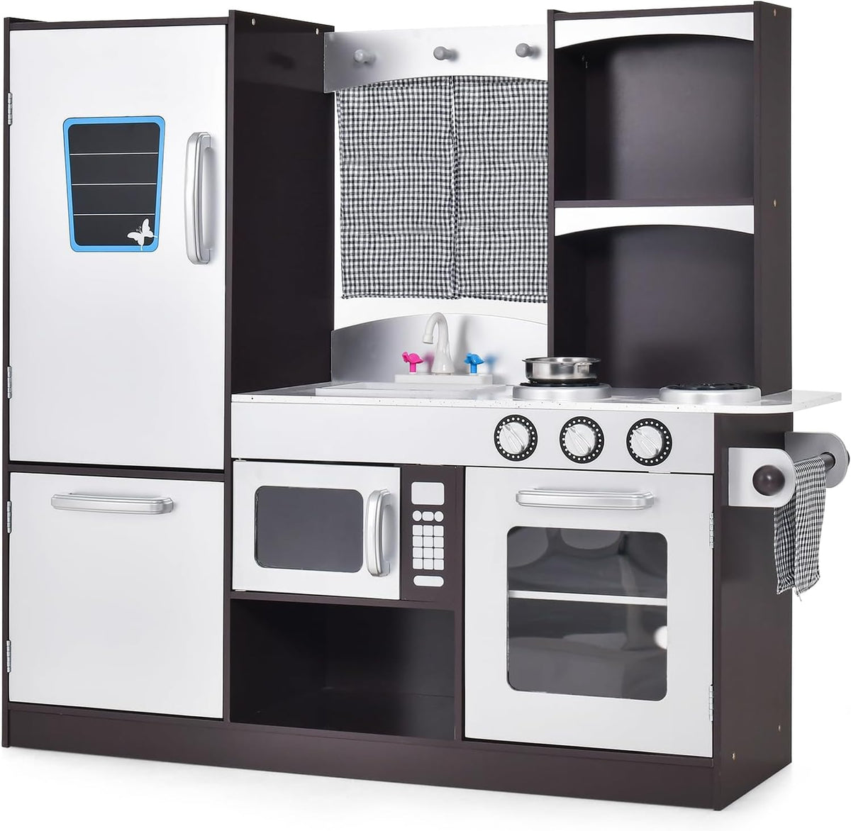 Cuisine jouet, Cuisine Enfant en Bois de Sapin, Cadeau pour Gar?on Fille 3+ Ans, Jeu de Cuisine R¨¦aliste avec Tableau Noir, GOPLUS, R¨¦frig¨¦rateur