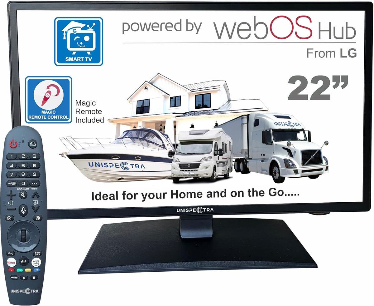 T¨¦l¨¦viseur Unispectra, t¨¦l¨¦commande, 12 V, 240 V, 100 ¡Á 100 mm, 22 pouces, 230 V, 2 x USB, Wi-Fi, Bluetooth, WebOS, Full HD, portable, caravanes