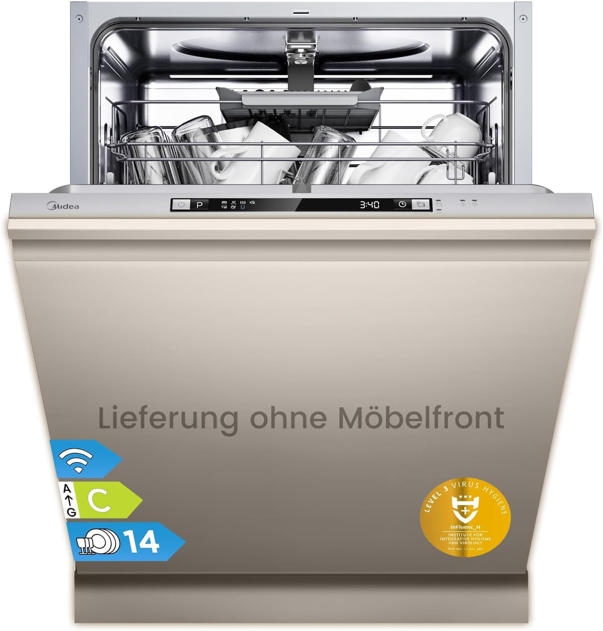 Lave-vaisselle Midea 14K14C, acier inoxydable, Wi-Fi, 60 cm, 44 dB, 14 places, 8 programmes, 14 couverts, 2 programmes, 2 paniers, pliable, verre