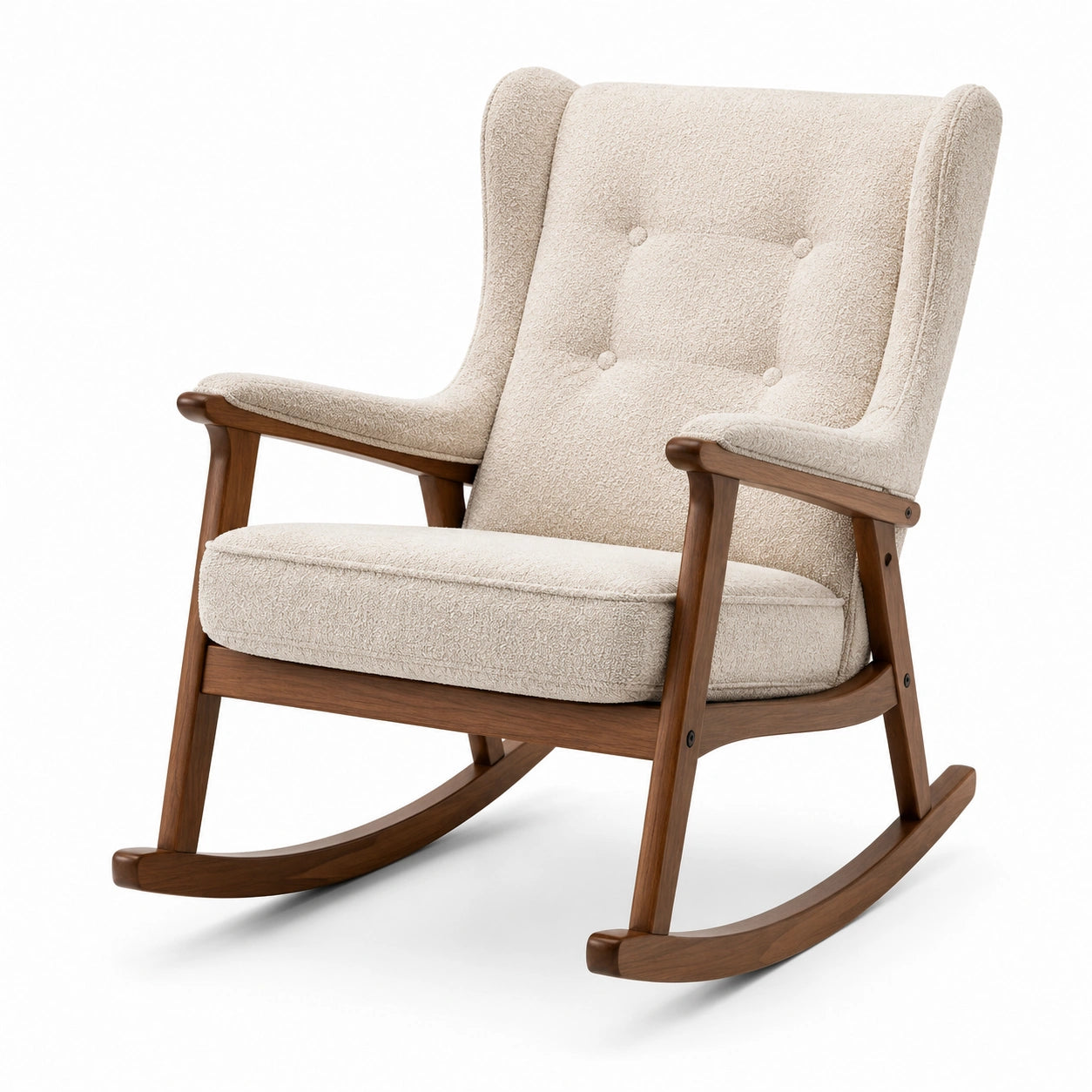 Fauteuil à bascule en bois avec revêtement en bouclé beige
