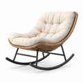 Fauteuil à bascule en rotin et métal noir avec coussin en lin beige