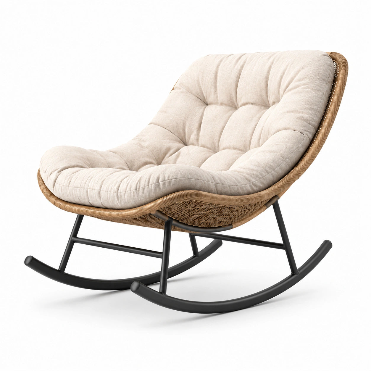 Fauteuil à bascule en rotin et métal noir avec coussin en lin beige
