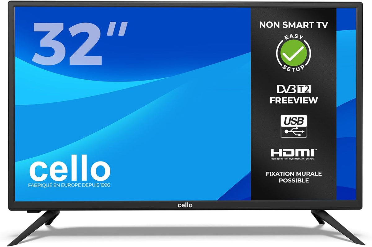 Cello DVB-T2 T¨¦l¨¦viseur, TV 32 Pouces LED HD Ready, 3X HDMI, ¨¦clairage LED, USB Enregistrement, Non Smart, Design Compact