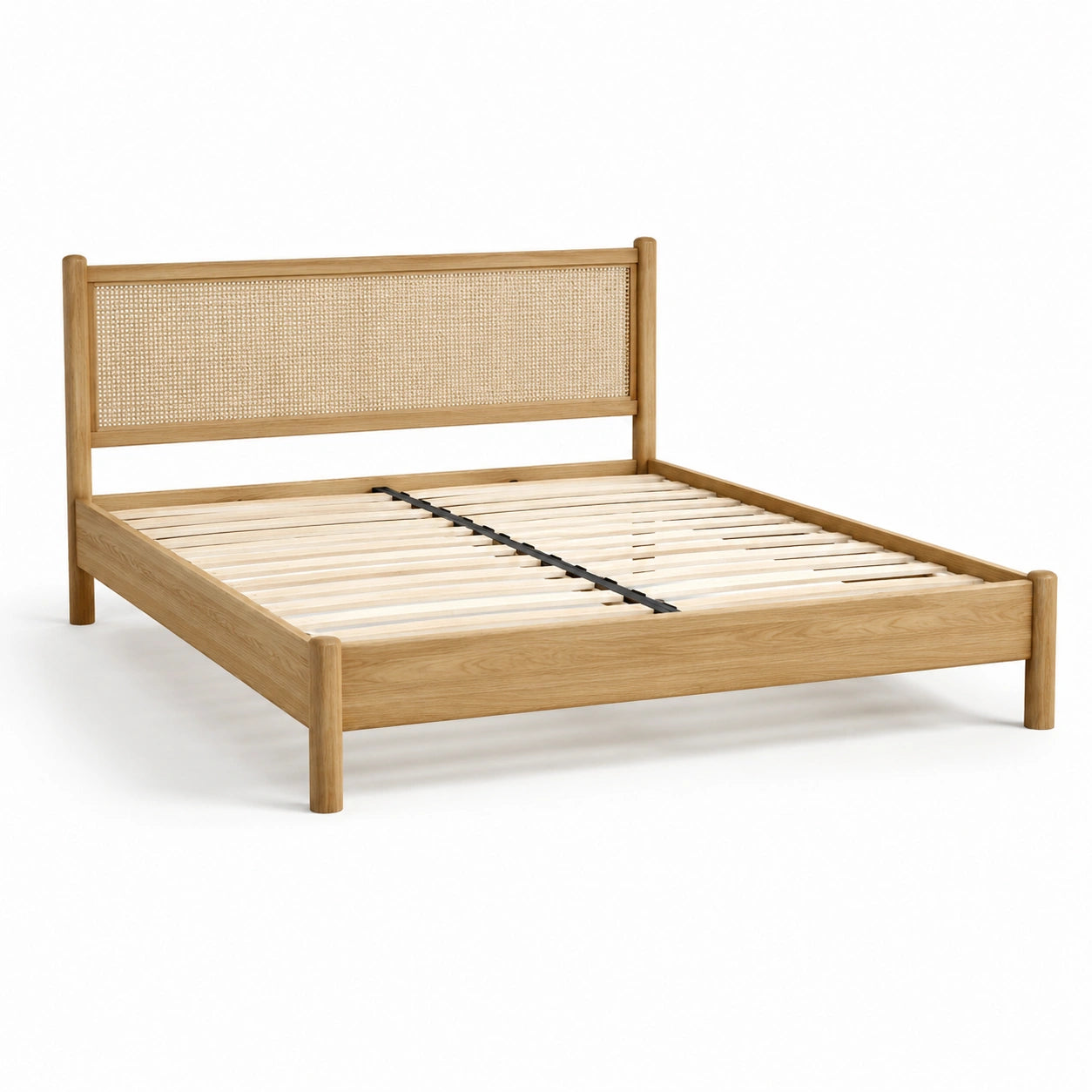 Lit double en bois avec tête de lit en rotin 200 x 160 cm