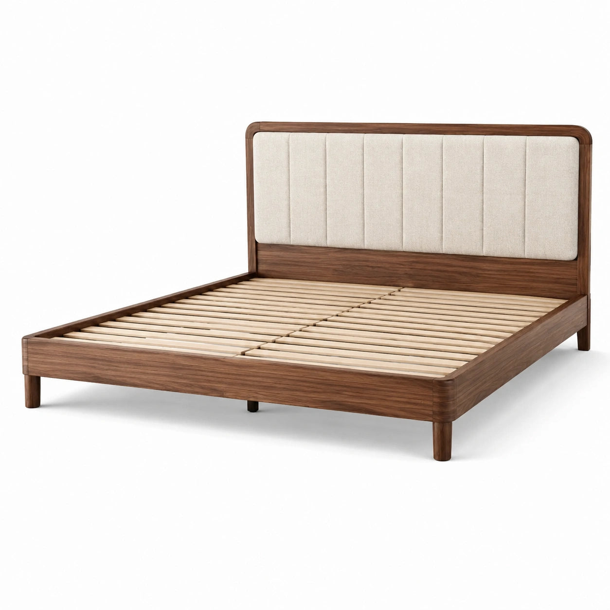 Lit double en bois noyer avec tête de lit en tissu polyester beige 200x160 cm