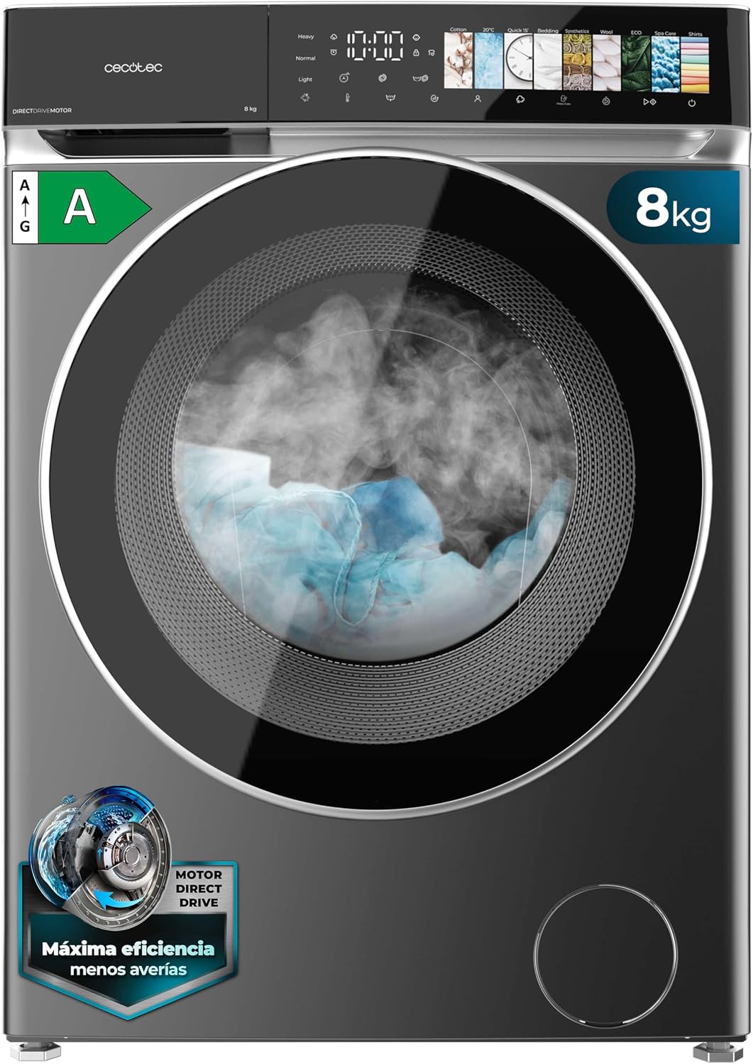 Lave-linge Cecotec 1400RPM, Acier, 8Kg, 11 Programmes, fonction vapeur, ¨¦cran FullColor, Porte XXL, Lumi¨¨re Int¨¦rieure, Stop&Go
