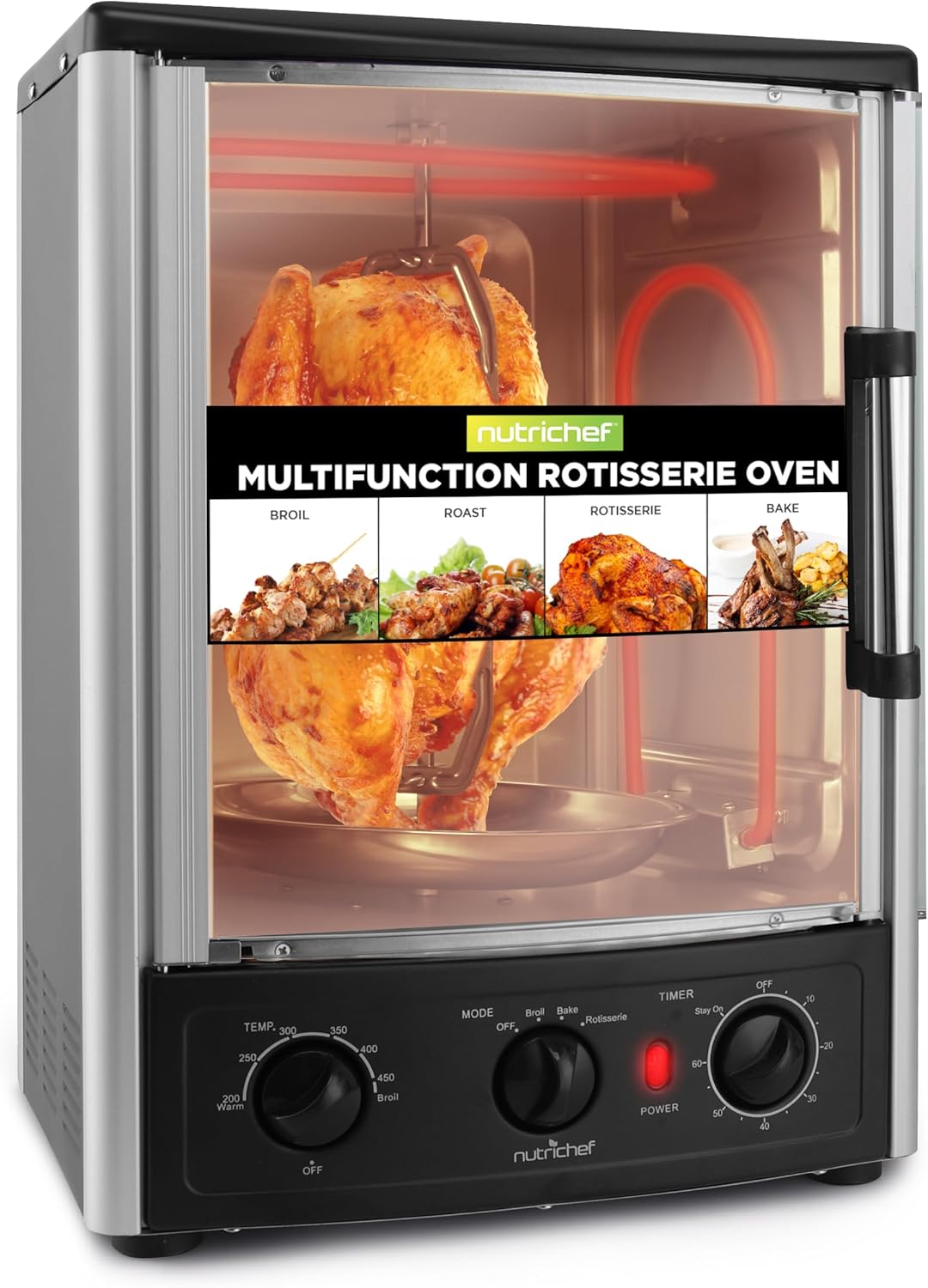 Mini-four, r¨¦glable, 24QT, NutriChef, 22L, 1500W, Four Rotissoire 24QT, Thermostat R¨¦glable, fonction gril, minuterie, Minuteur, Porte Vitr¨¦e