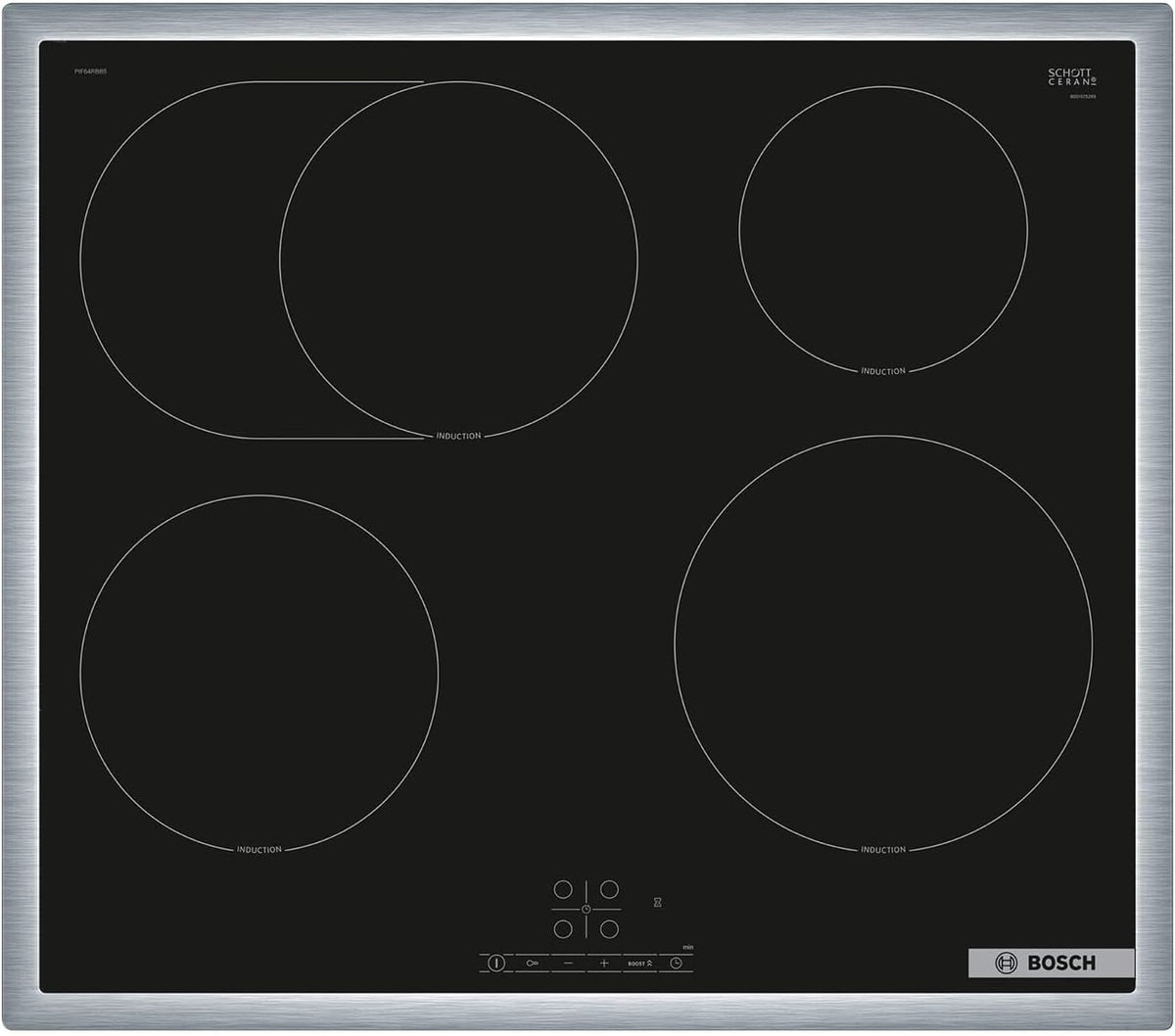 Bosch PIF64RBB5E Plaque de cuisson, 60 cm, acier inoxydable, 7 400 W, 240 V, 17 niveaux, 2 niveaux, noir, minuterie, encastrable, TouchSelet