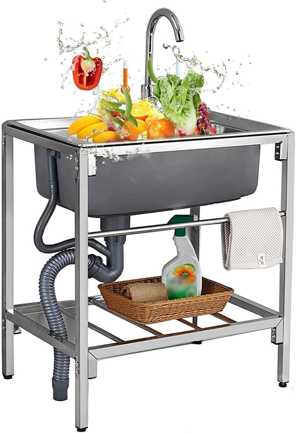 TAXXII ¨¦vier utilitaire professionnel sur pieds 71 ¡Á 47 ¡Á 75 cm, inox 304, 1 bac, robinet pivotant