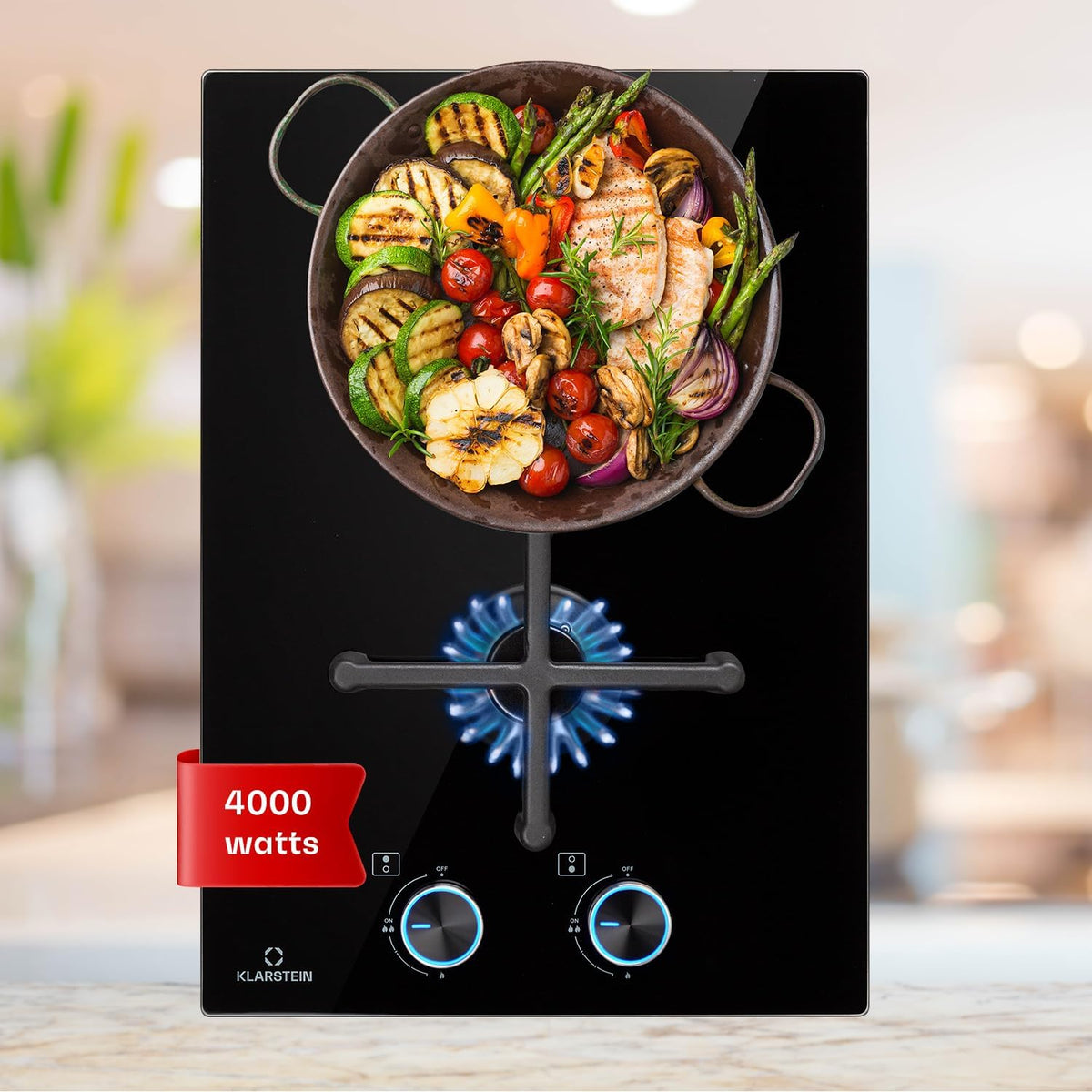 Plaque de cuisson KLARSTEIN, acier inoxydable, 4000W, Piano Cuisine en Acier Inoxydable, 2 Br?leurs, Table de Cuisson ¨¤ Gaz 2 Br?leurs, encastrable
