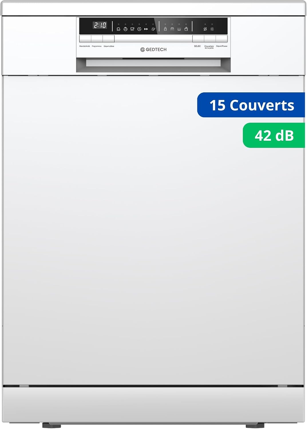 GEDTECH GLV1542WH 15cv Lave-vaisselle, 42 dB, ¨¦clairage LED, acier inoxydable, 15 couverts, r¨¦glable, Blanc, Tiroir ¨¤ couverts, Ultra silencieux