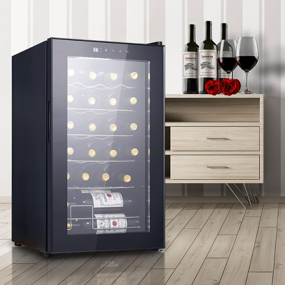 0¡ãC Outdoor Cave ¨¤ vin, 41 dB, ¨¦clairage LED, acier inoxydable, 18¡ãC, 24 Bouteilles, Capacit¨¦ 24 Bouteilles, 3 Etag¨¨res, Noir, verre