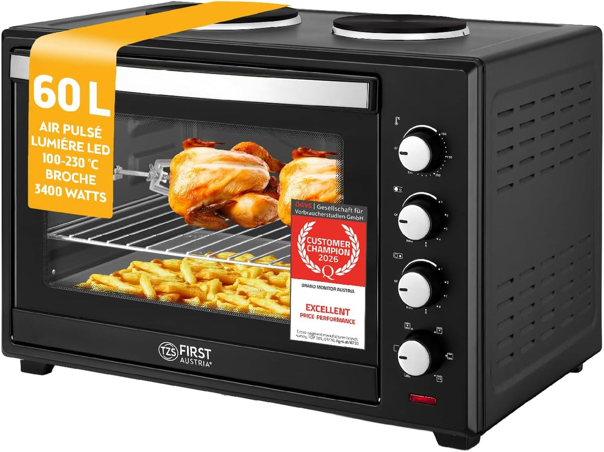 Four ¨¤ pizza, Mini-Four avec plaques de cuisson 60L 3200 W, acier inoxydable, TZS First Austria, 6 modes, 30 L, 230¡ãC, 3200W
