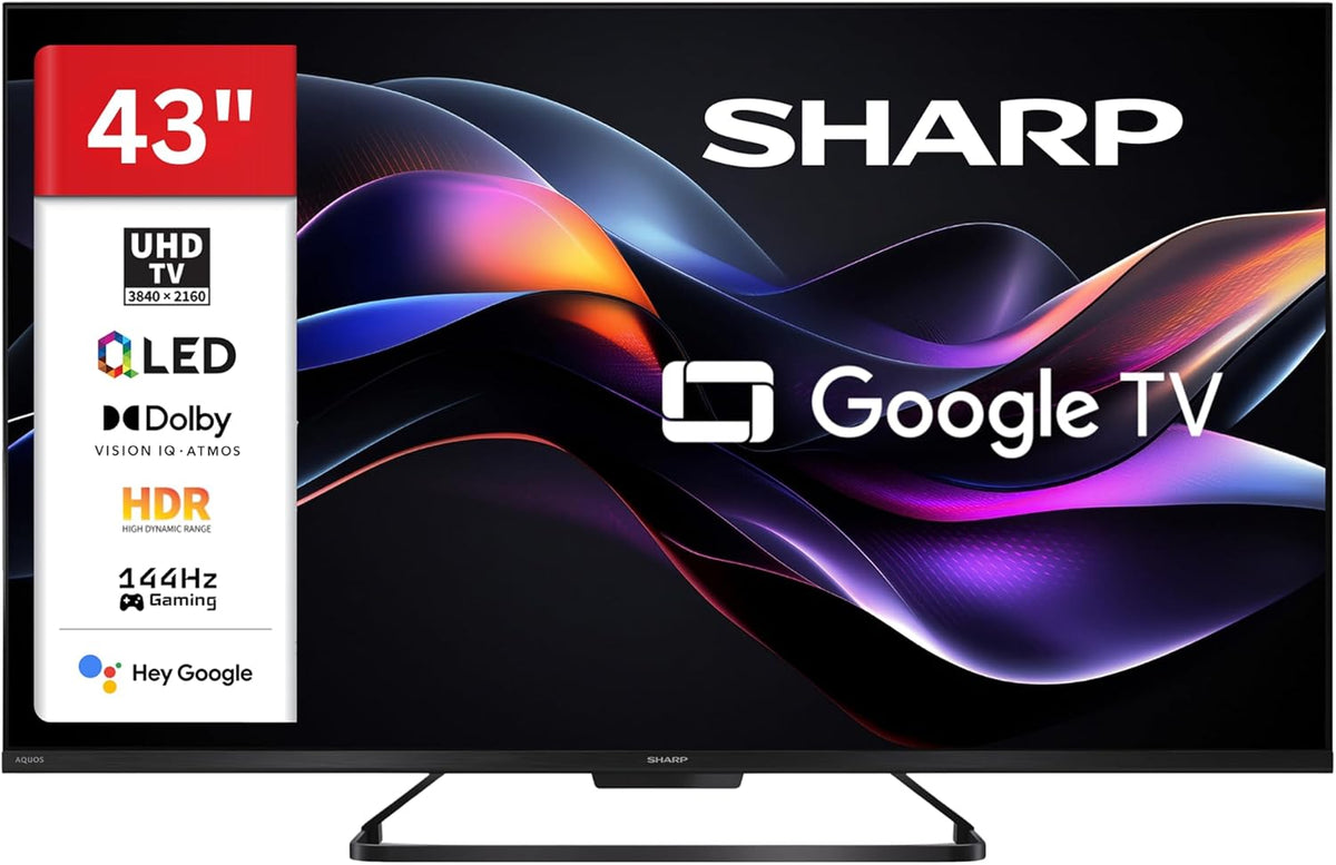 T¨¦l¨¦viseur Sharp 43HR7765E, t¨¦l¨¦commande, 108 cm, 144 Hz, 4K UHD, 144 Hz VRR Gaming, 2026, Wi-Fi, Bluetooth, QLED, Google TV, Dolby Vision