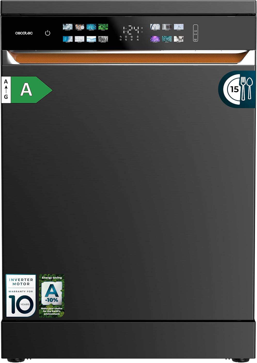 Cecotec Lave-vaisselle, 60 cm, r¨¦glable, 15 Couverts, 8 Programmes, moteur Inverter, Classe A, Moteur Inverter Plus, ¨¦cran FullColor XXL, Dark