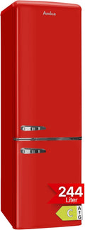 R¨¦frig¨¦rateur, 181 ¡Á 55 ¡Á 62 cm, ¨¦clairage LED, verre, Amica, 244 l, ¨¦tag¨¨res en verre chrom¨¦, Grille ¨¤ bouteilles, Rouge