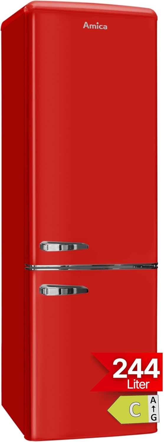 R¨¦frig¨¦rateur, 181 ¡Á 55 ¡Á 62 cm, ¨¦clairage LED, verre, Amica, 244 l, ¨¦tag¨¨res en verre chrom¨¦, Grille ¨¤ bouteilles, Rouge