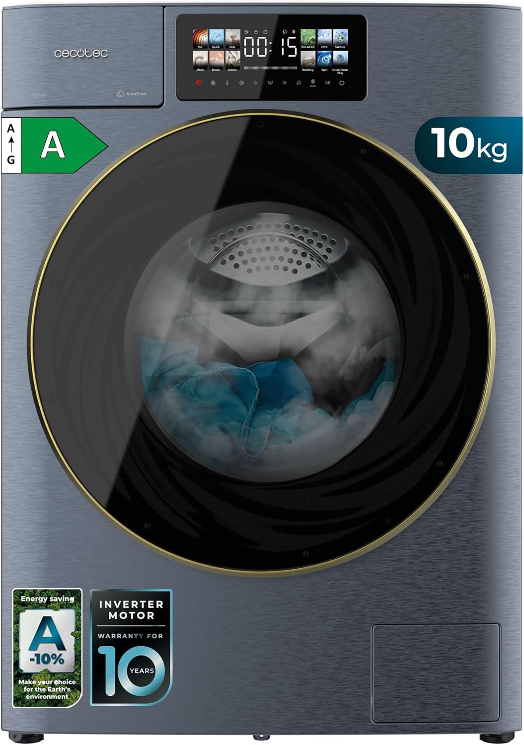 Lave-linge Cecotec, moteur Inverter, 1400 tr/min, 9, 2 pouces, 52 cm, 10Kg, 13 Programmes, fonction vapeur, Basse Consommation