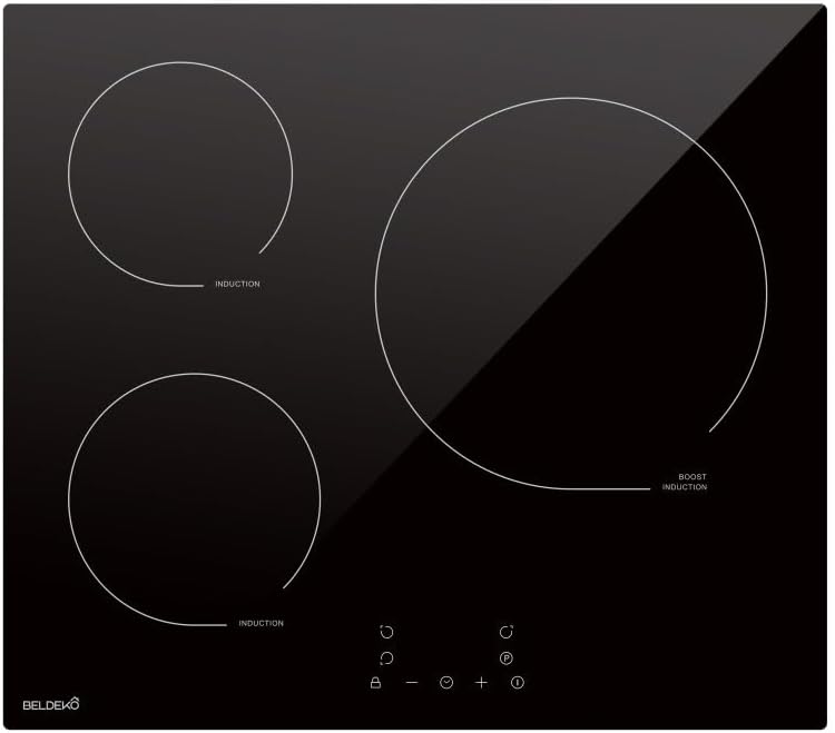 BELDEKO Plaque de cuisson, 6200 W avec minuteur int¨¦gr¨¦, verre, 560 ¡Á 490 ¡Á 55 mm, 590 ¡Á 520 ¡Á 58 mm, 160 mm, 1400 W, 180 mm, 1800 W
