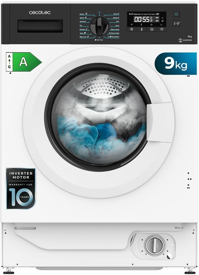Cecotec Lave-linge, 1950 W, ¨¦clairage LED, 1400 tr/min, 9 kg, 1350 tr/min, 1400 tr/min programmables, 16 Programmes, moteur Inverter