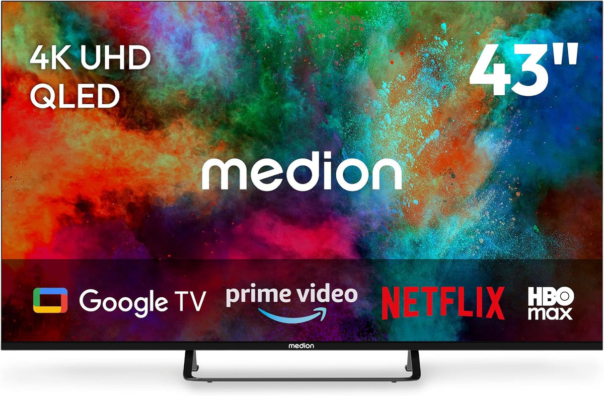 T¨¦l¨¦viseur MEDION, t¨¦l¨¦commande, 108 cm, 43 pouces, TV QLED 4K 108 cm, HDR10, MD 843701, Wi-Fi, Bluetooth, Dolby Vision, Full HD