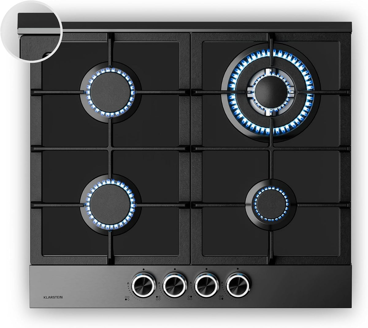 Plaque de cuisson KLARSTEIN, acier inoxydable, 8 000 W, 60cm, 8000W, 4 Br?leurs, 4 Br?leurs 8000W, Verre & Inox, Acier inoxydable noir, Kit Inclus