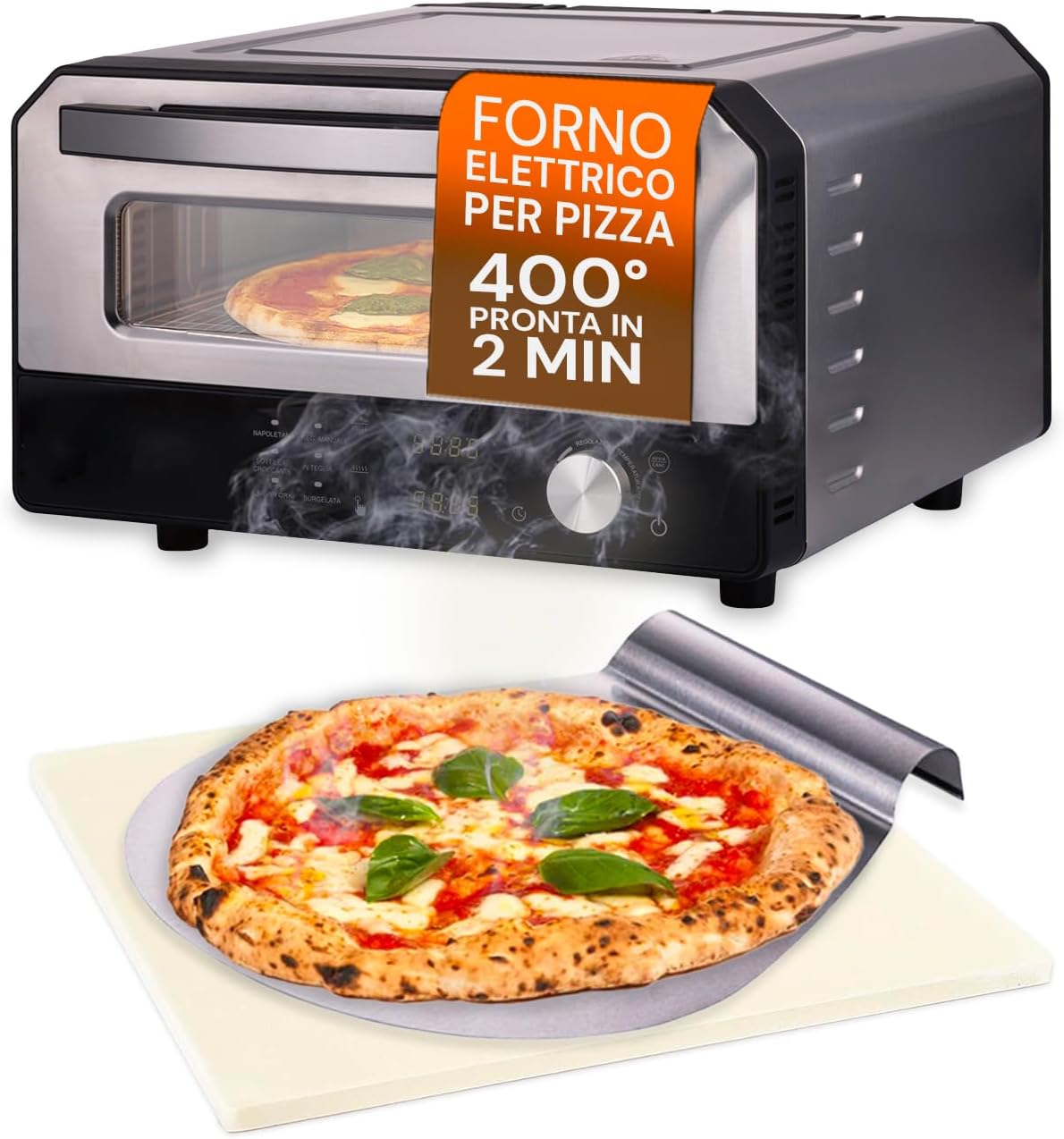 Four ¨¤ pizza, acier inoxydable, r¨¦glable, 1700 W, Avilia, 400 ¡ãC, 6 programmes, y compris pelle ¨¤ pizza en acier inoxydable