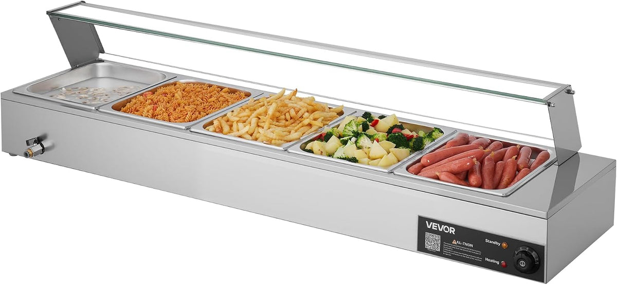 VEVOR Chauffe-plat, pour Servir Buffet en Libre-Service Restauration, 1500 W, avec 5 Bacs Gastros de 1/2 et Capot en Verre, 10 cm