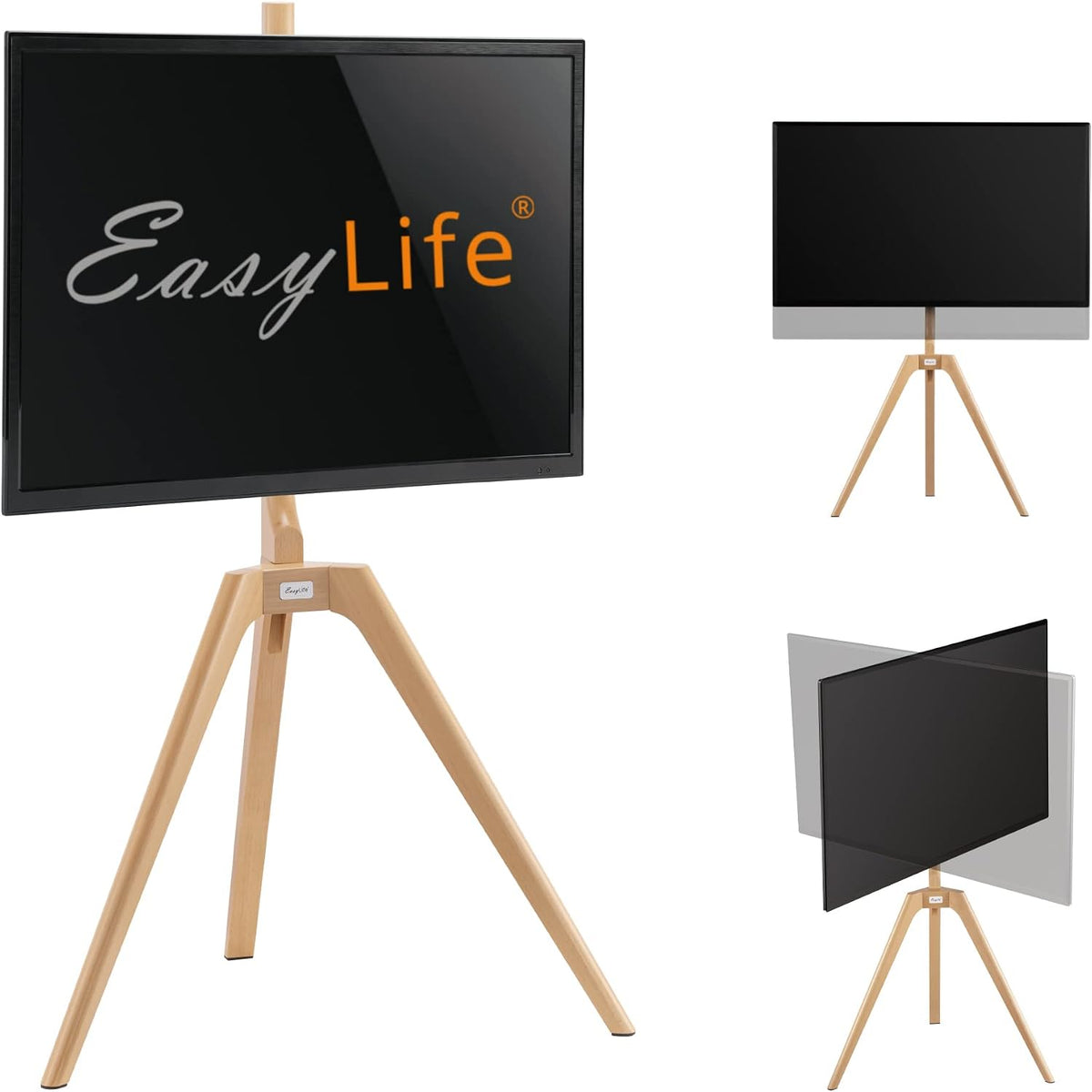 Support TV sur pied, Tr¨¦pied TV en Bois chevalet, r¨¦glable, 400 ¡Á 400 cm, EasyLife, 40 kg, Support TV Studio jusqu'¨¤ 65' et 40 kg, ¨¦clairage LED