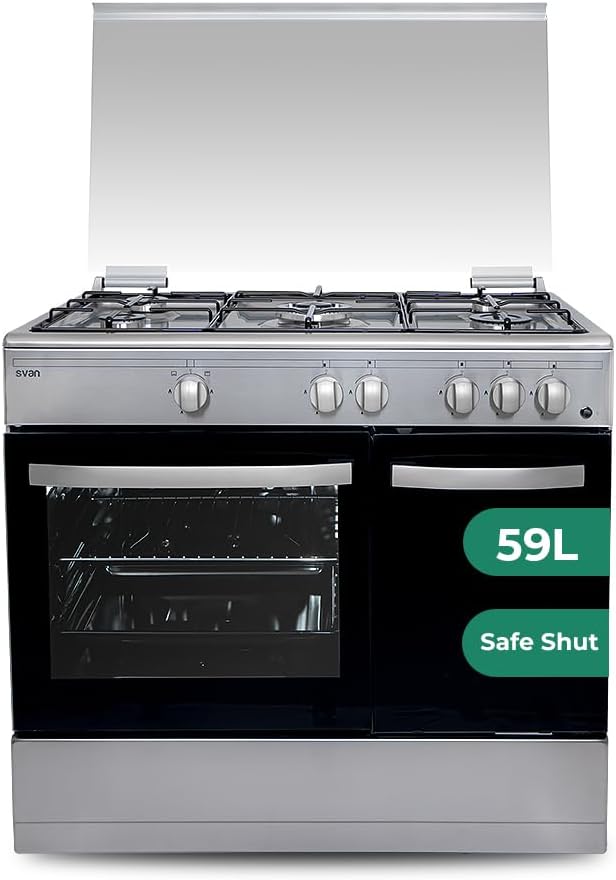 Cuisini¨¨re, inox SKGW5901PBX, 59 l, SVAN, four 59 l, 5 zones, 2 programmes, 90cm, 87cm, 89cm, 62cm, 49kg, 5 br?leurs, 2 programmes de cuisson