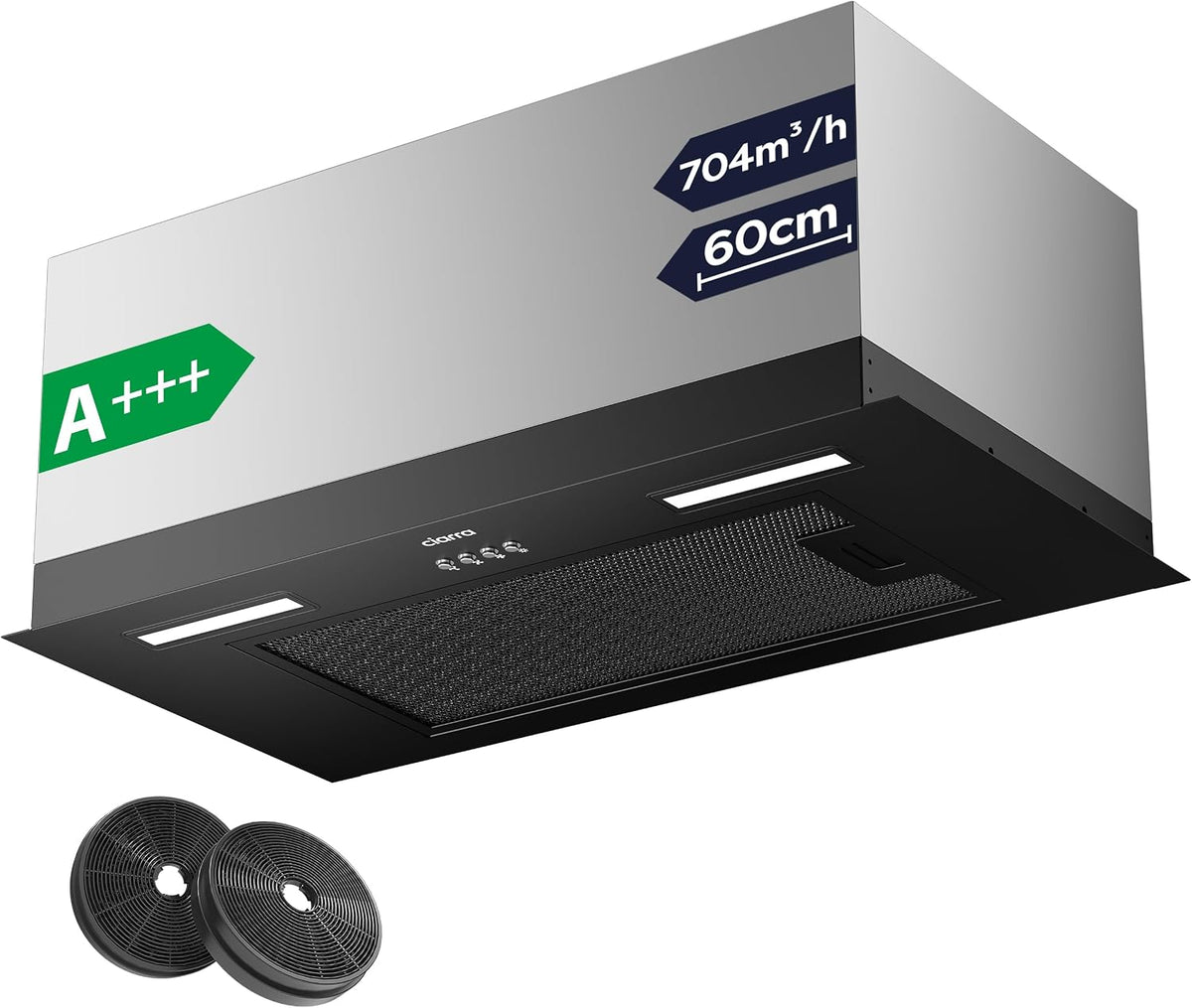 Hotte aspirante CIARRA CBCB6926A, r¨¦glable, 60 cm, 150 mm, 31 cm, 3 Vitesses, 704 m3/h, 15cm, 60cm, encastrable, filtre ¨¤ charbon