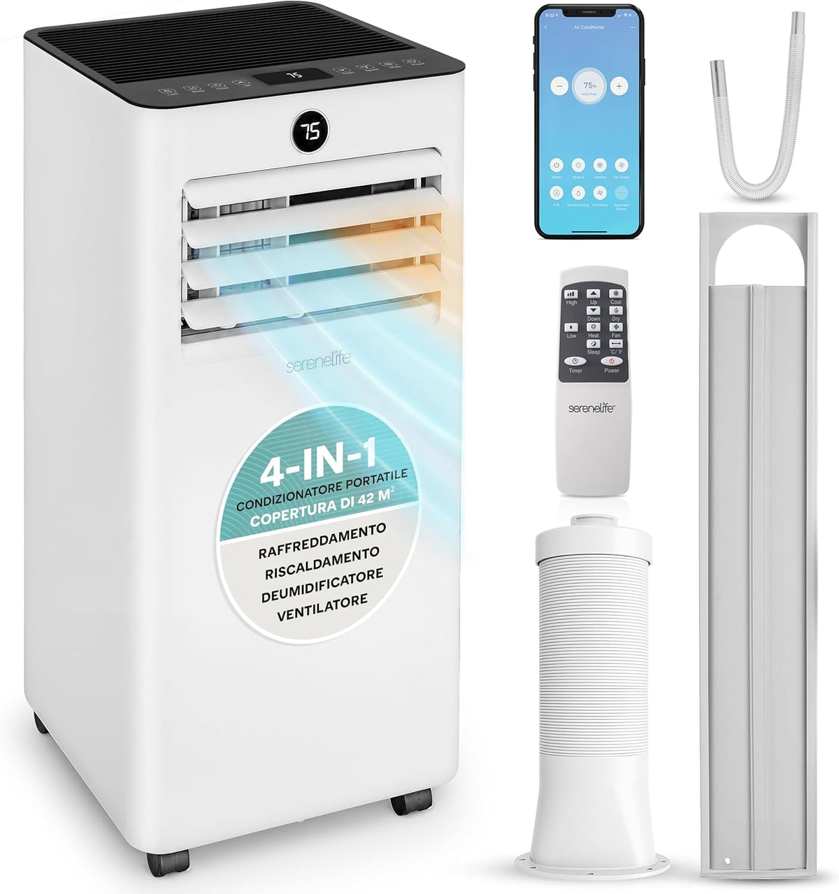 SereneLife Climatiseur portable, Climatiseur Mobile 7000 BTU Blanc Compact WiFi, 54 dB, 3 MODES, Wi-Fi
