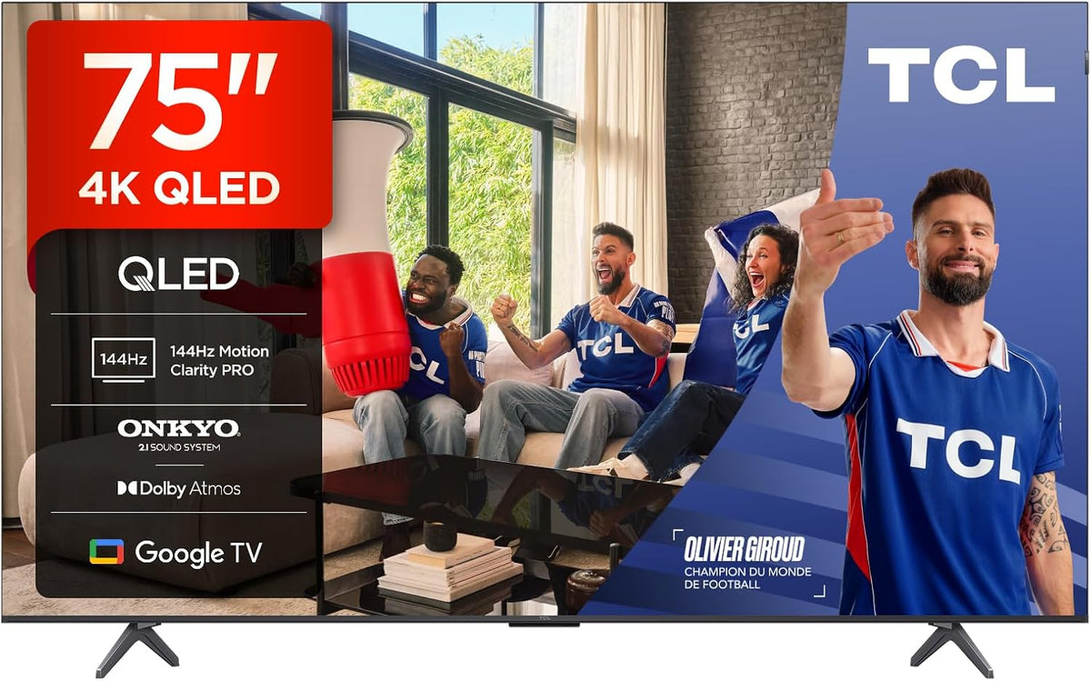TCL 75T8C T¨¦l¨¦viseur, 144Hz, HDR10, 75T8C 75' QLED 4K HDR Ultra HD TV, 144Hz Motion Clarity Pro, Onkyo 2.1 Sound, Google TV