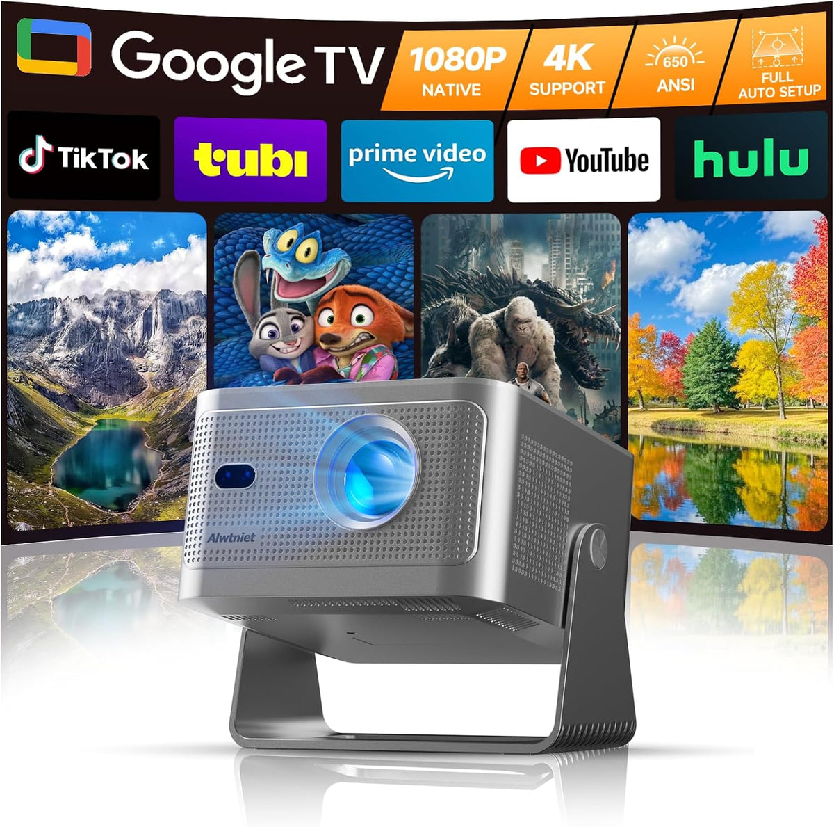 Alwtniet Vid¨¦oprojecteur, t¨¦l¨¦commande, 135 pouces, WiFi 6, Bluetooth 5.4, HY350GT, 15W, 12W, Wi-Fi, Google TV, TV Stick